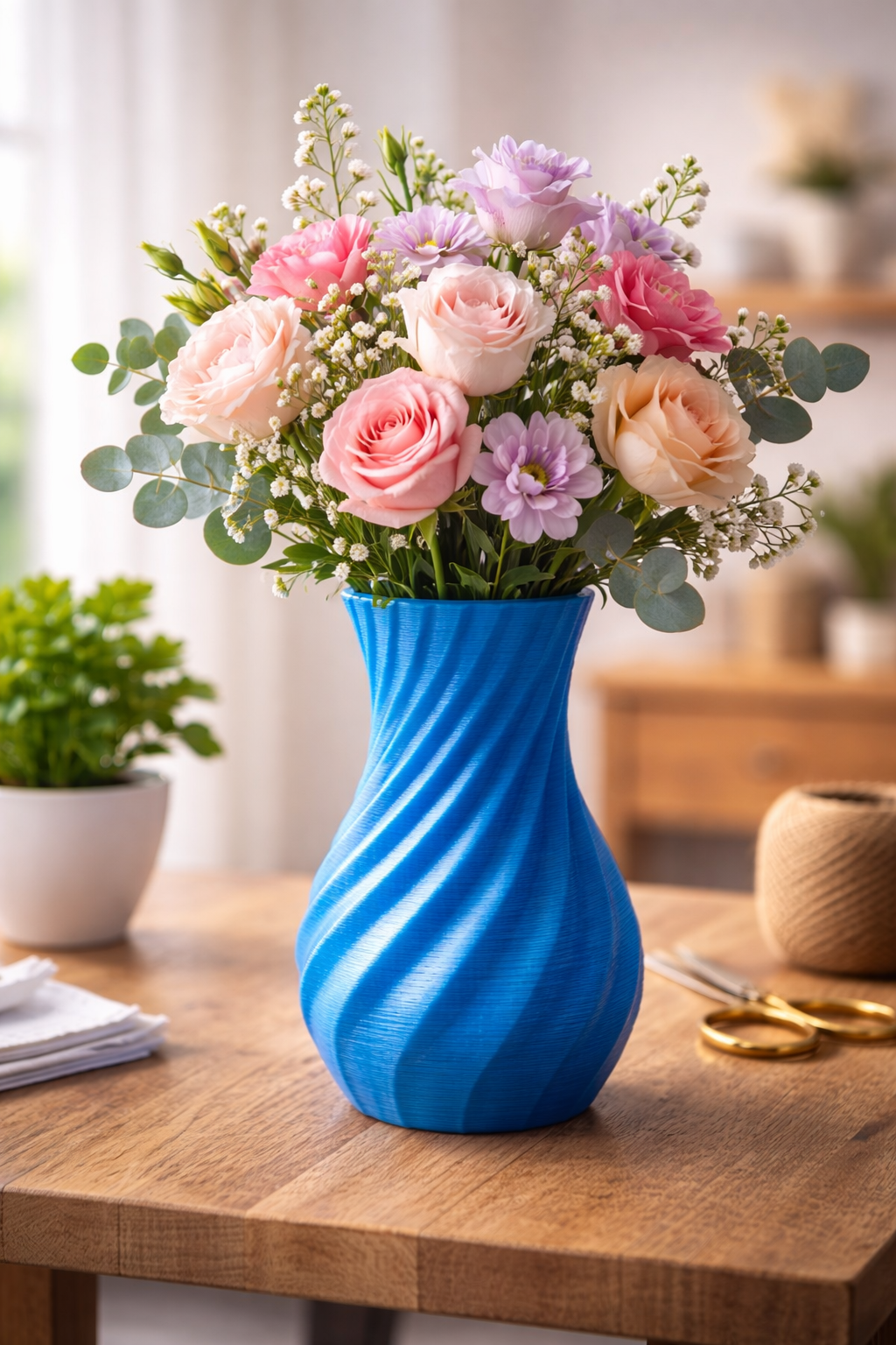 Florero azul impreso en 3D con flores en tonos suaves sobre mesa de madera